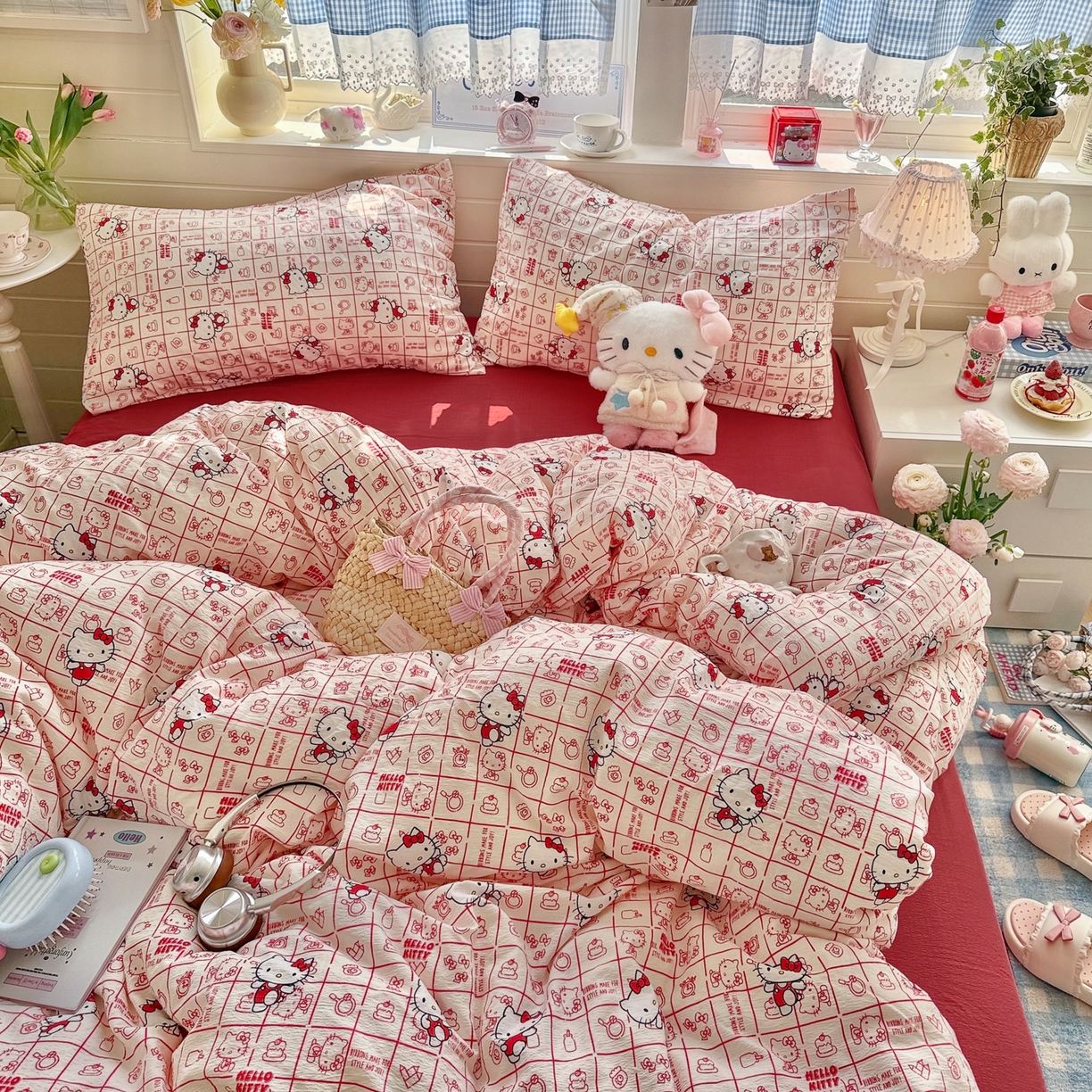 91家纺网 家纺一手货源 找家纺 初念 2026新款云感纱印花四件套 幸运符号红