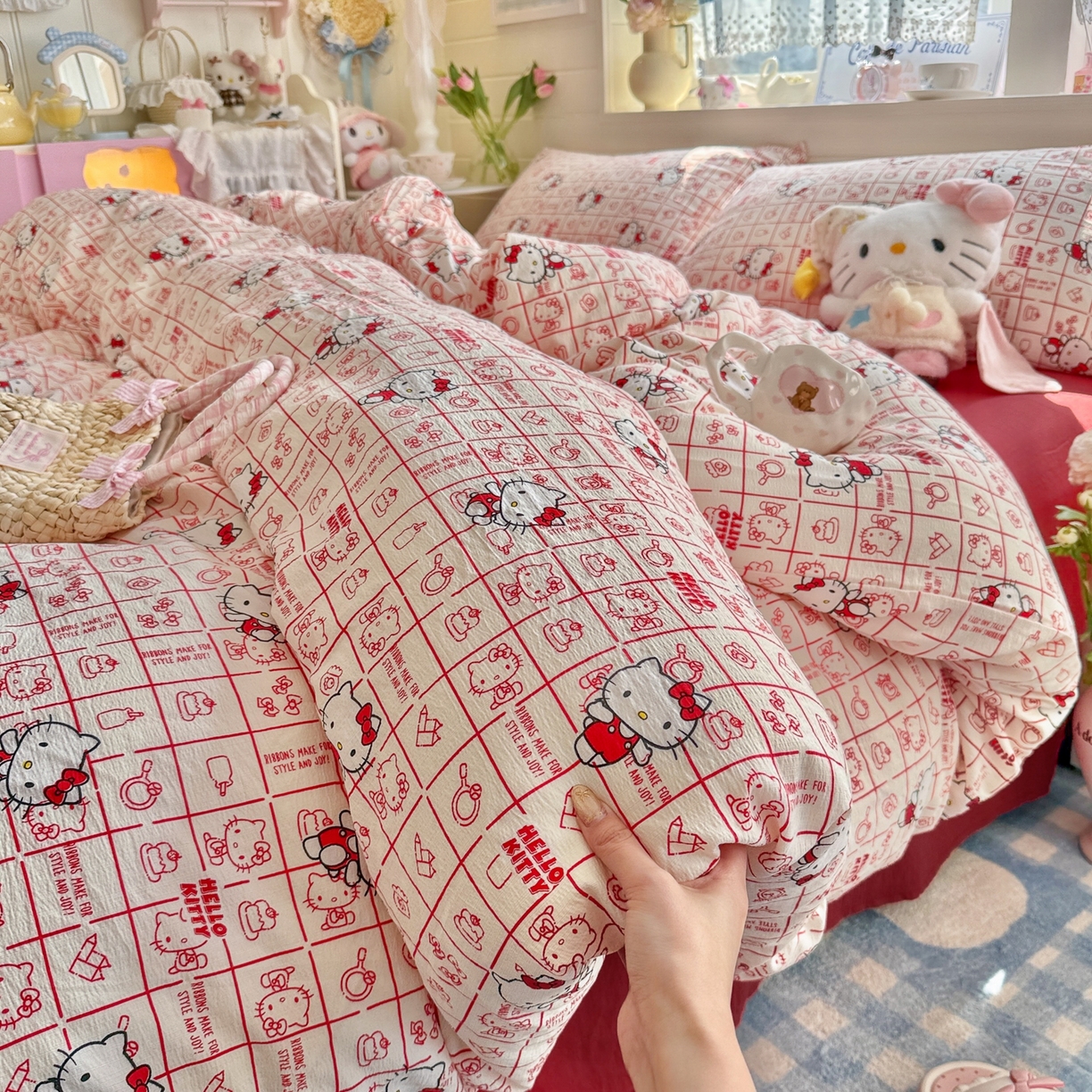 91家纺网 家纺一手货源 找家纺 初念 2026新款云感纱印花四件套 幸运符号红