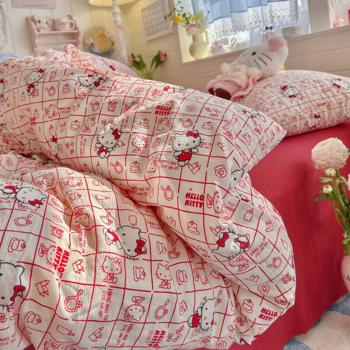 91家纺网 家纺一手货源 找家纺 初念 2026新款云感纱印花四件套 幸运符号红