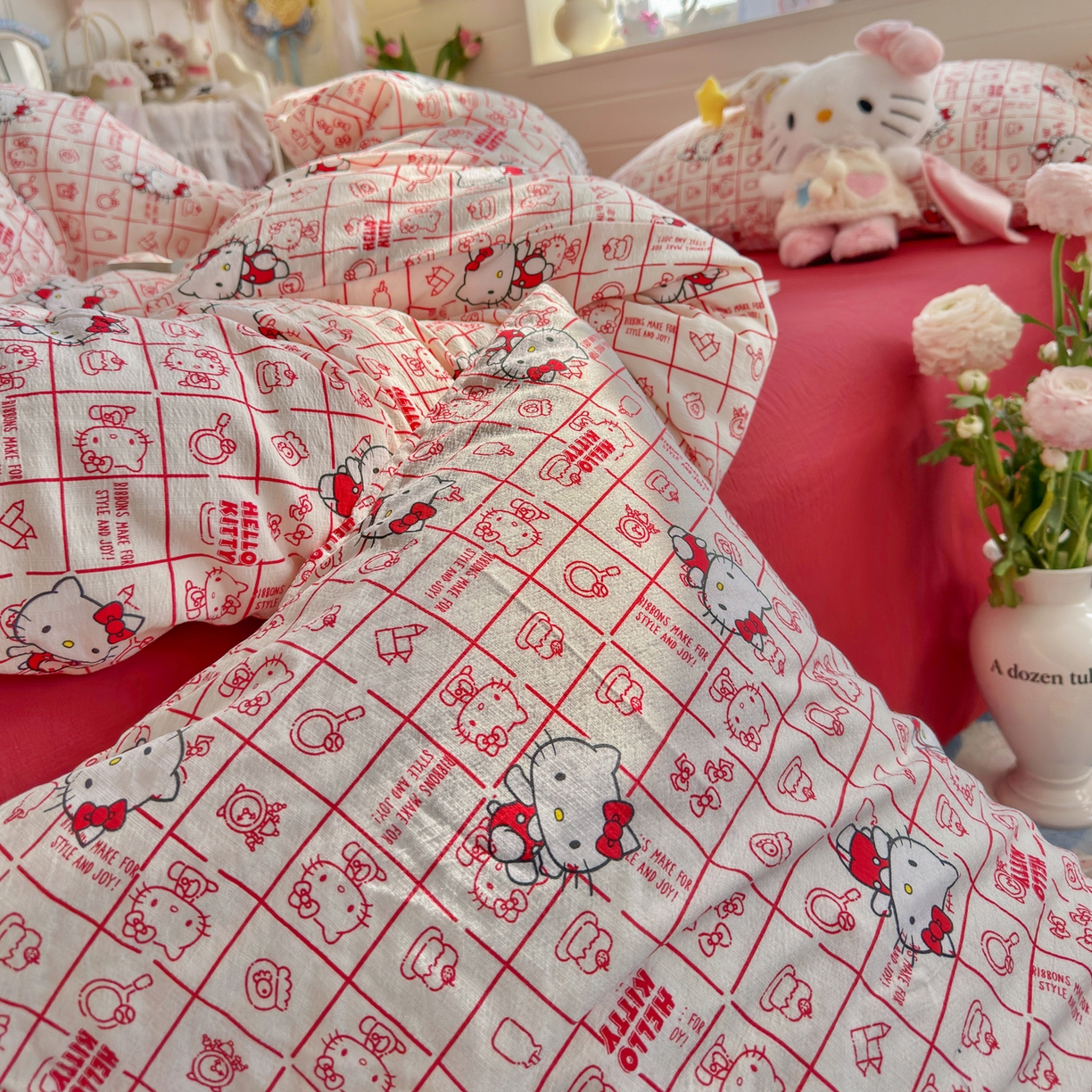 91家纺网 家纺一手货源 找家纺 初念 2026新款云感纱印花四件套 幸运符号红