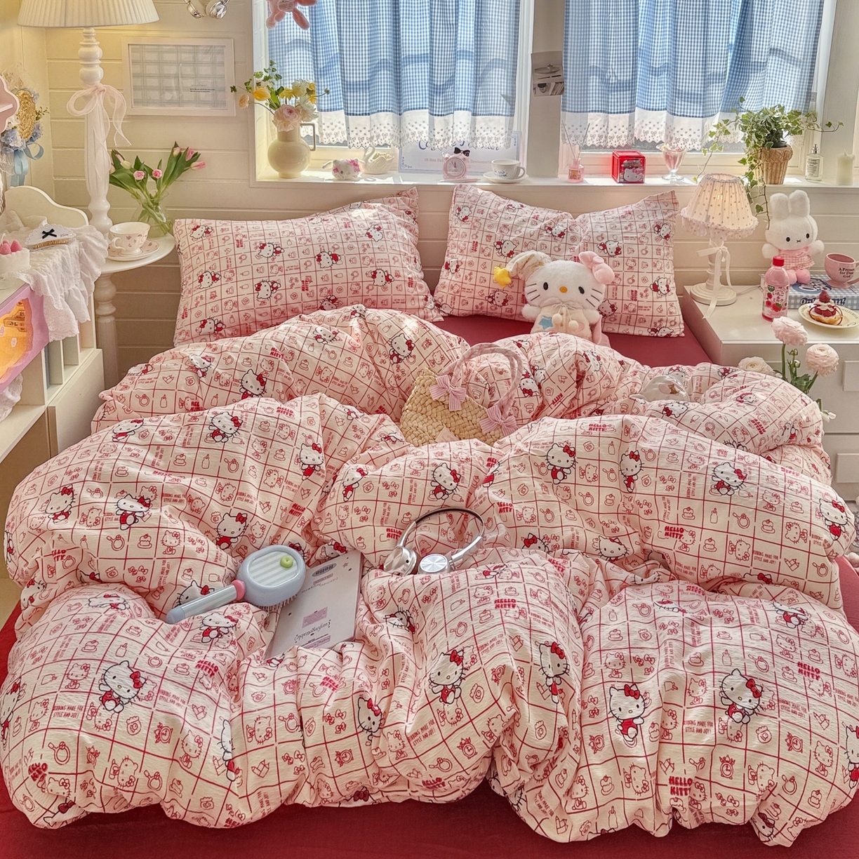 91家纺网 家纺一手货源 找家纺 初念 2026新款云感纱印花四件套 幸运符号红