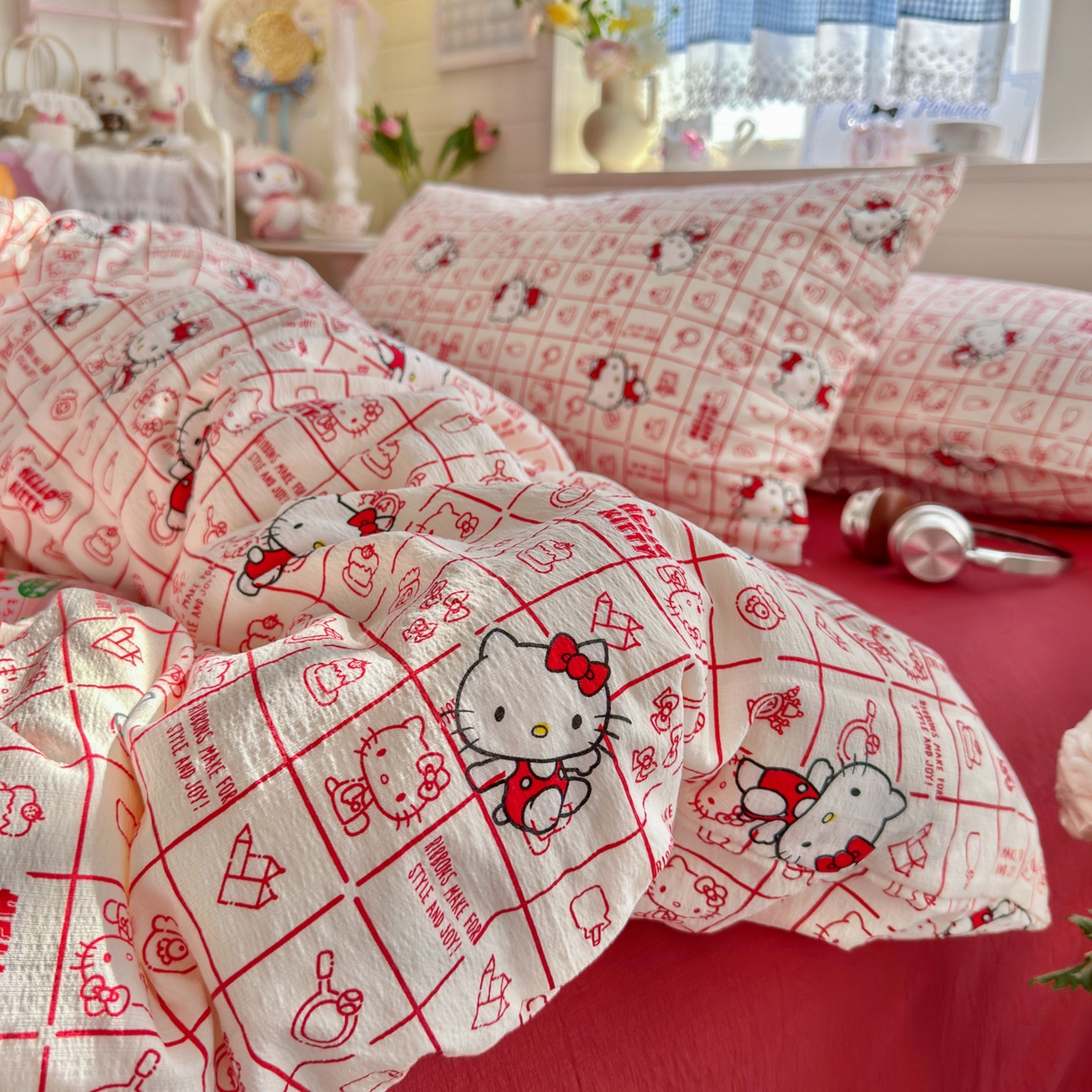 91家纺网 家纺一手货源 找家纺 初念 2026新款云感纱印花四件套 幸运符号红