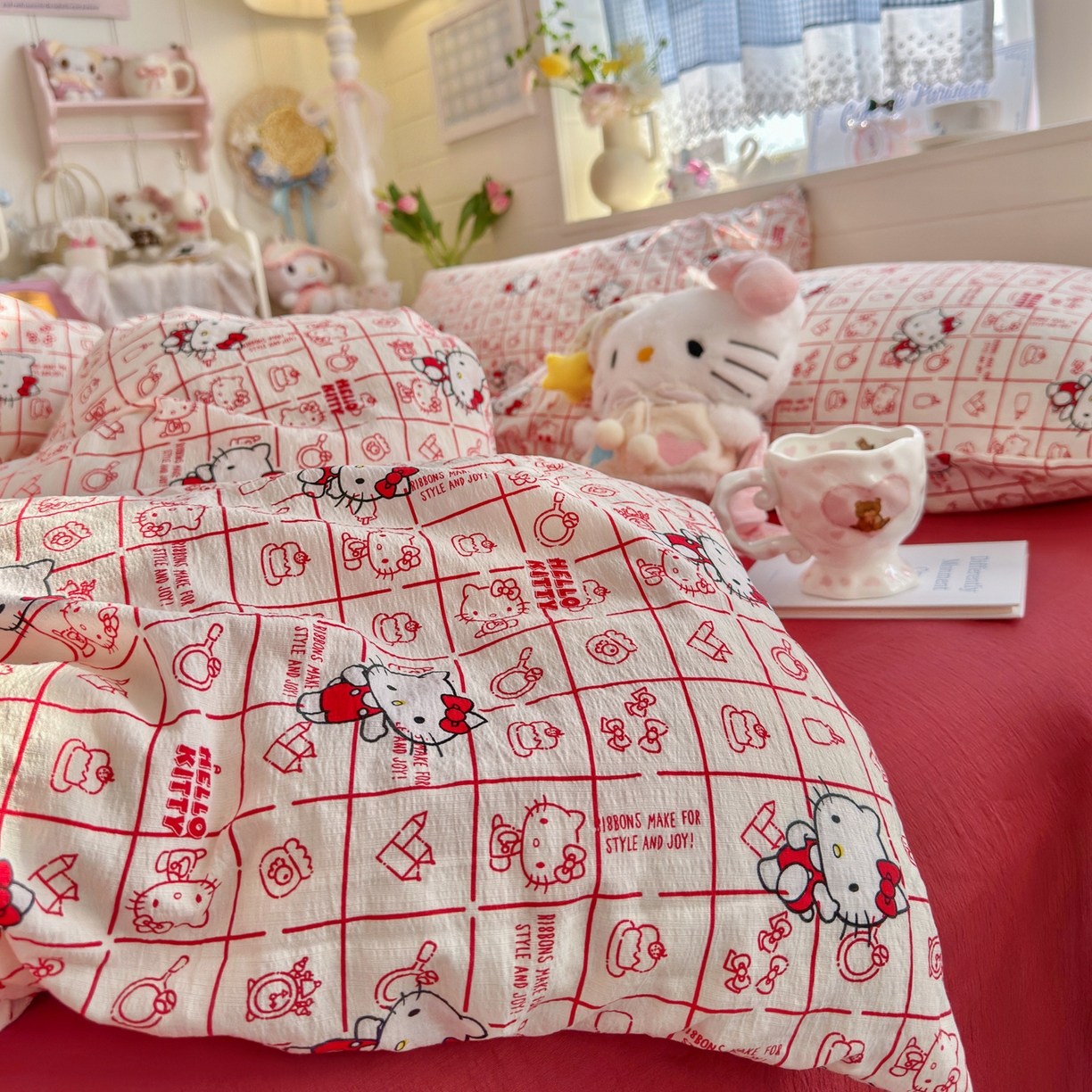 91家纺网 家纺一手货源 找家纺 初念 2026新款云感纱印花四件套 幸运符号红