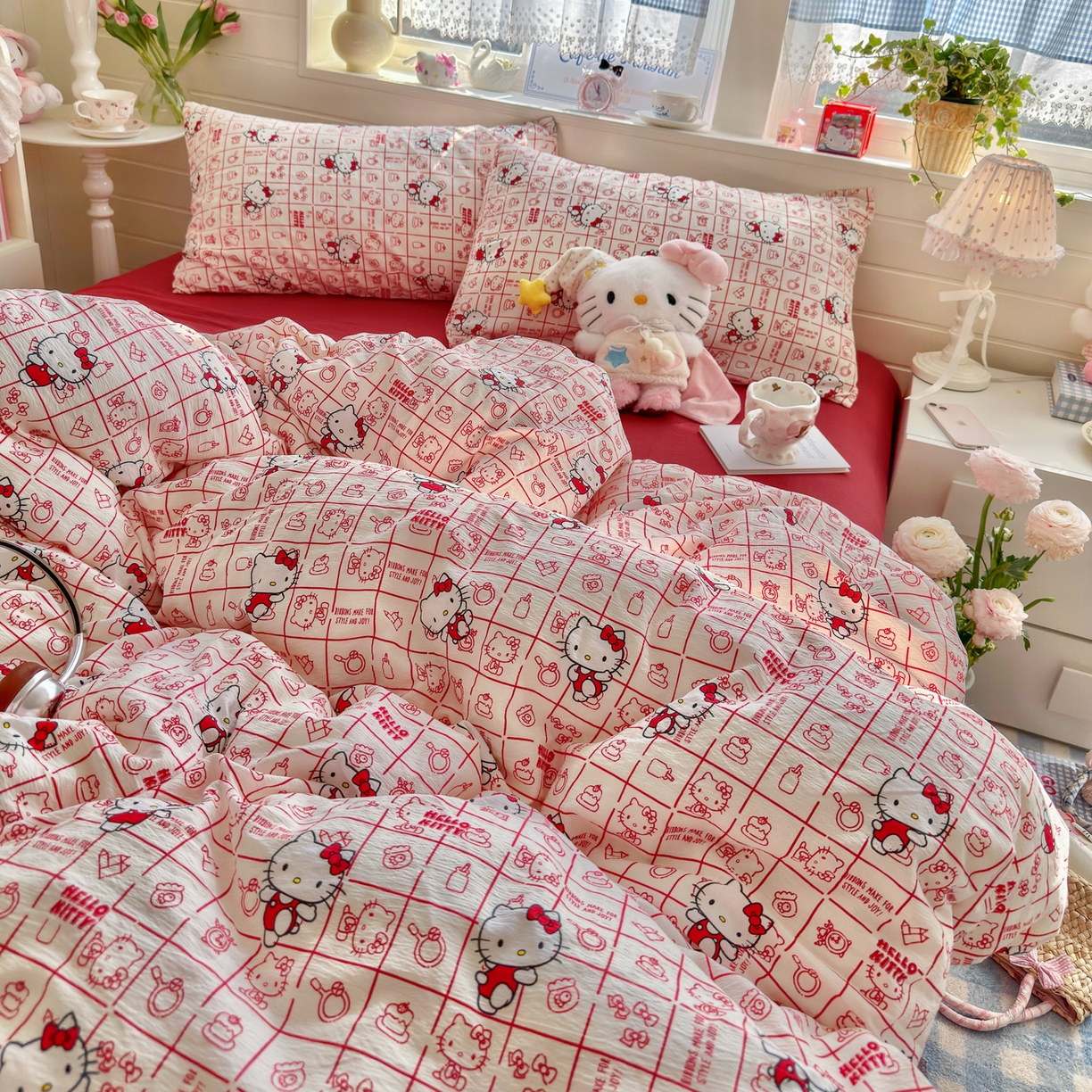 91家纺网 家纺一手货源 找家纺 初念 2026新款云感纱印花四件套 幸运符号红