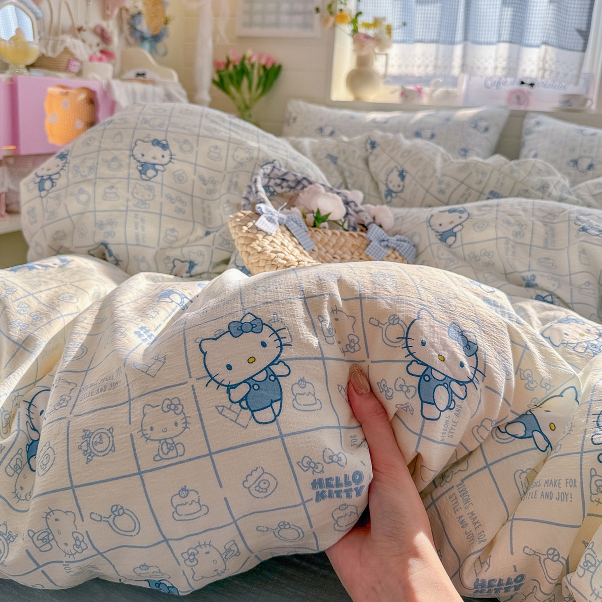 91家纺网 家纺一手货源 找家纺 初念 2026新款云感纱印花四件套 幸运符号蓝