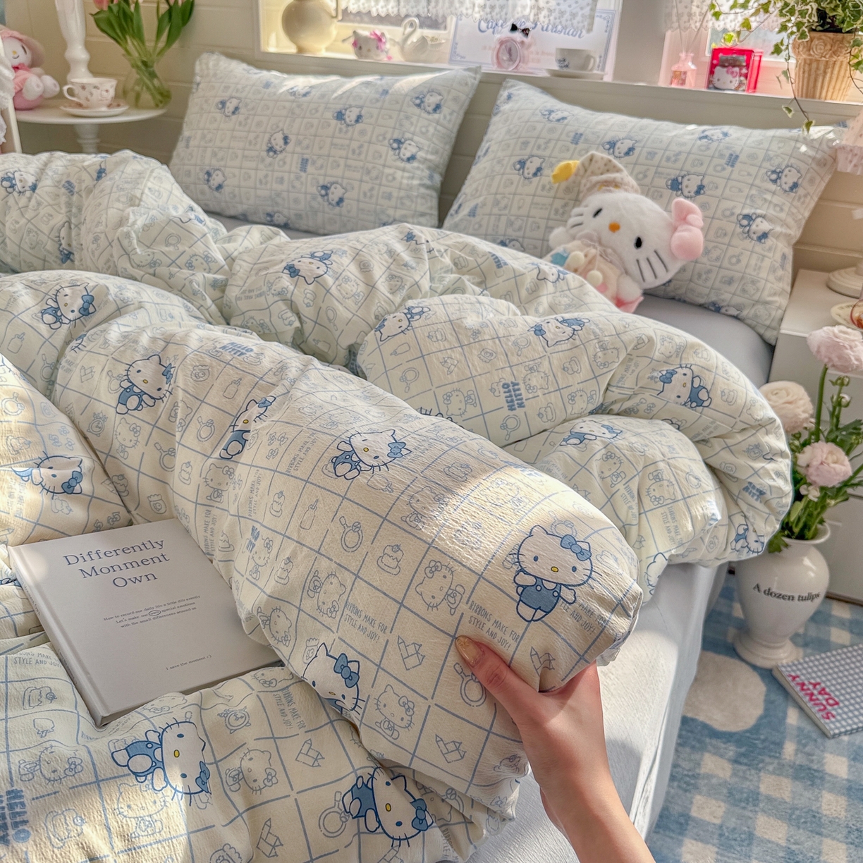 91家纺网 家纺一手货源 找家纺 初念 2026新款云感纱印花四件套 幸运符号蓝