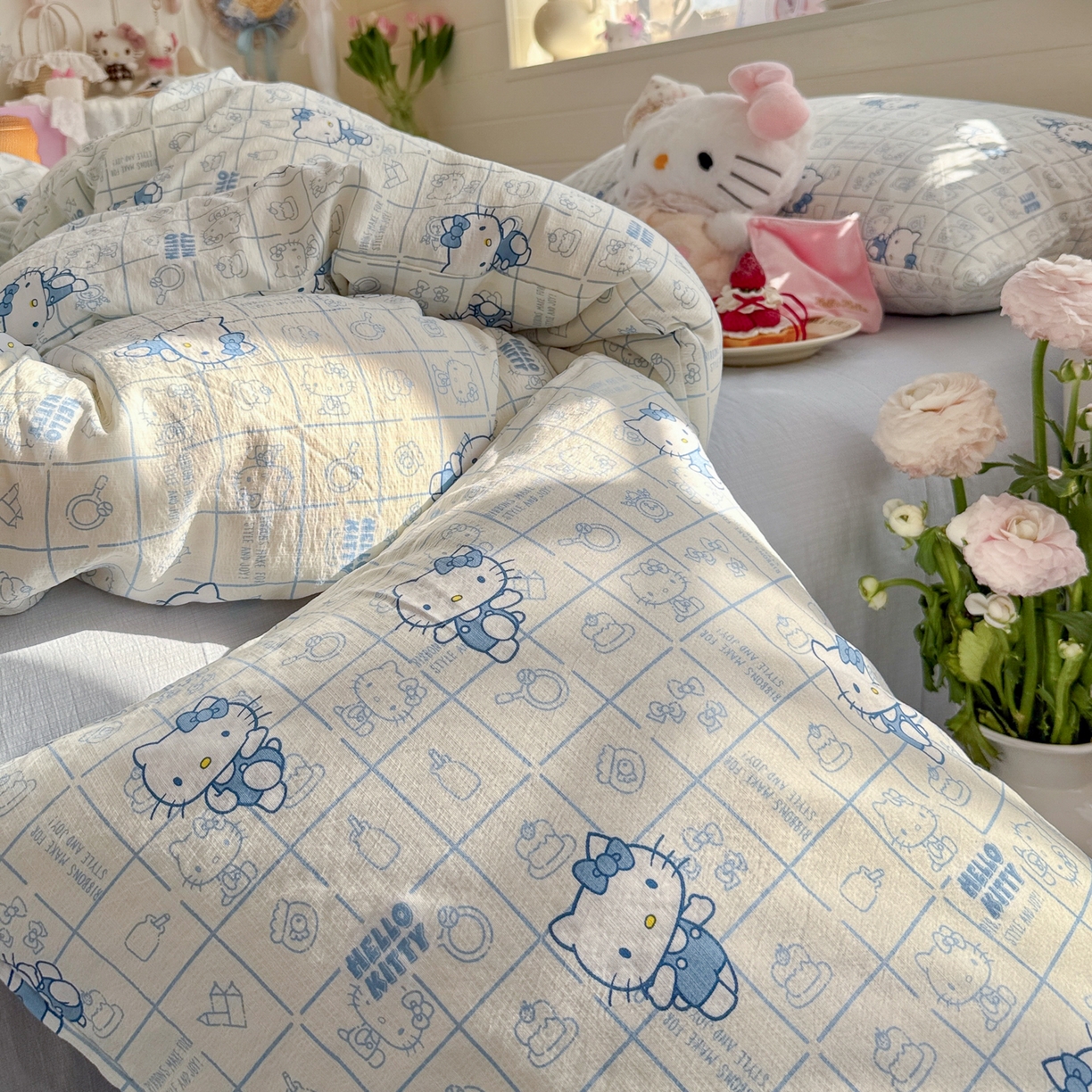 91家纺网 家纺一手货源 找家纺 初念 2026新款云感纱印花四件套 幸运符号蓝