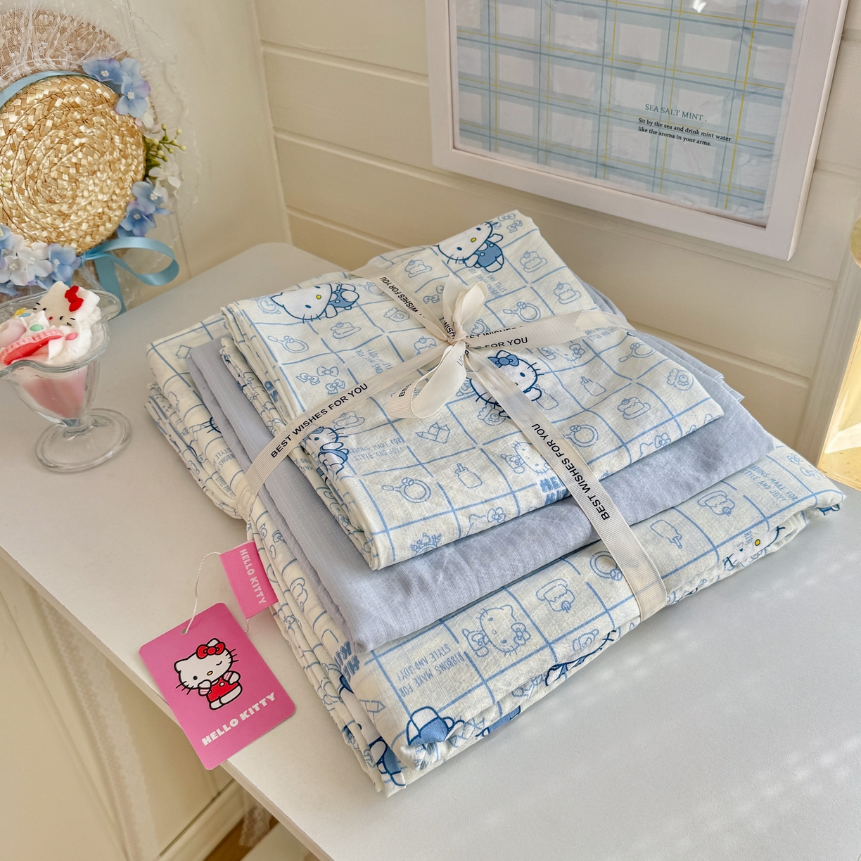 91家纺网 家纺一手货源 找家纺 初念 2026新款云感纱印花四件套 幸运符号蓝