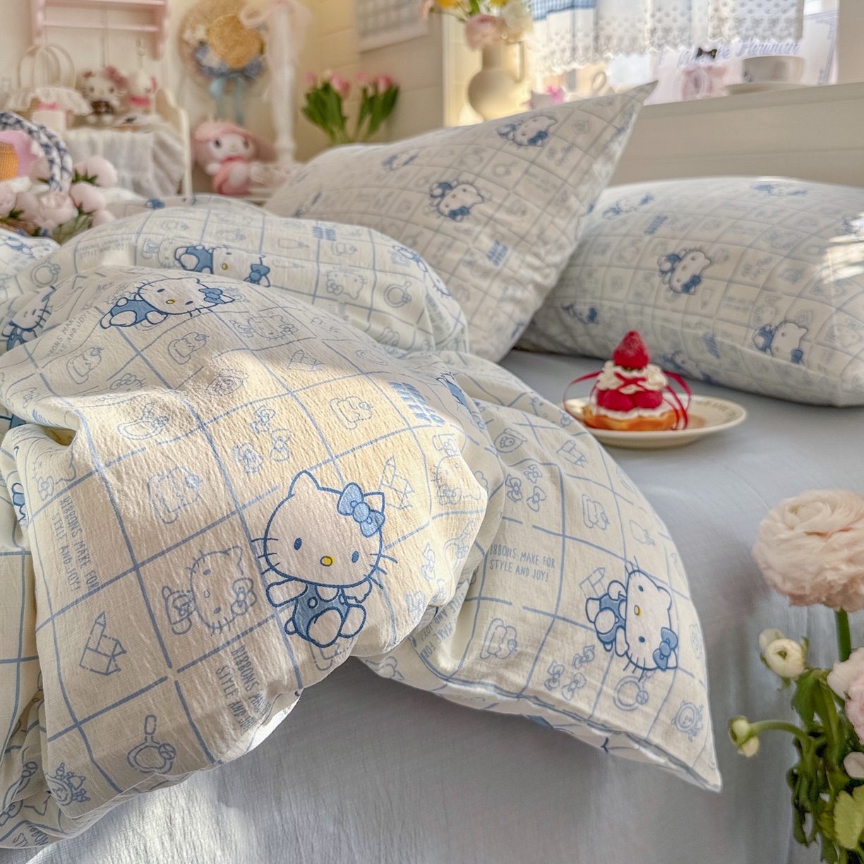 91家纺网 家纺一手货源 找家纺 初念 2026新款云感纱印花四件套 幸运符号蓝