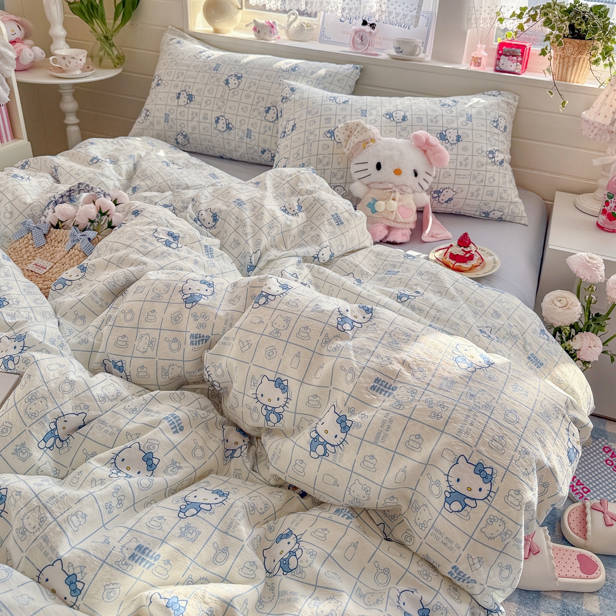 91家纺网 家纺一手货源 找家纺 初念 2026新款云感纱印花四件套 幸运符号蓝