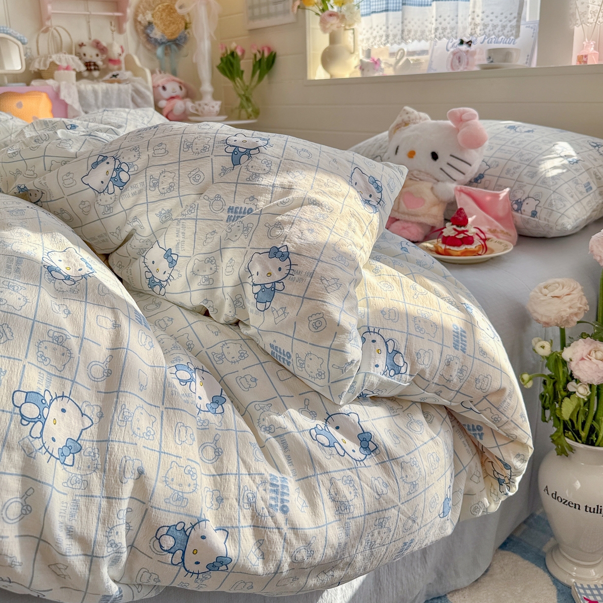 91家纺网 家纺一手货源 找家纺 初念 2026新款云感纱印花四件套 幸运符号蓝