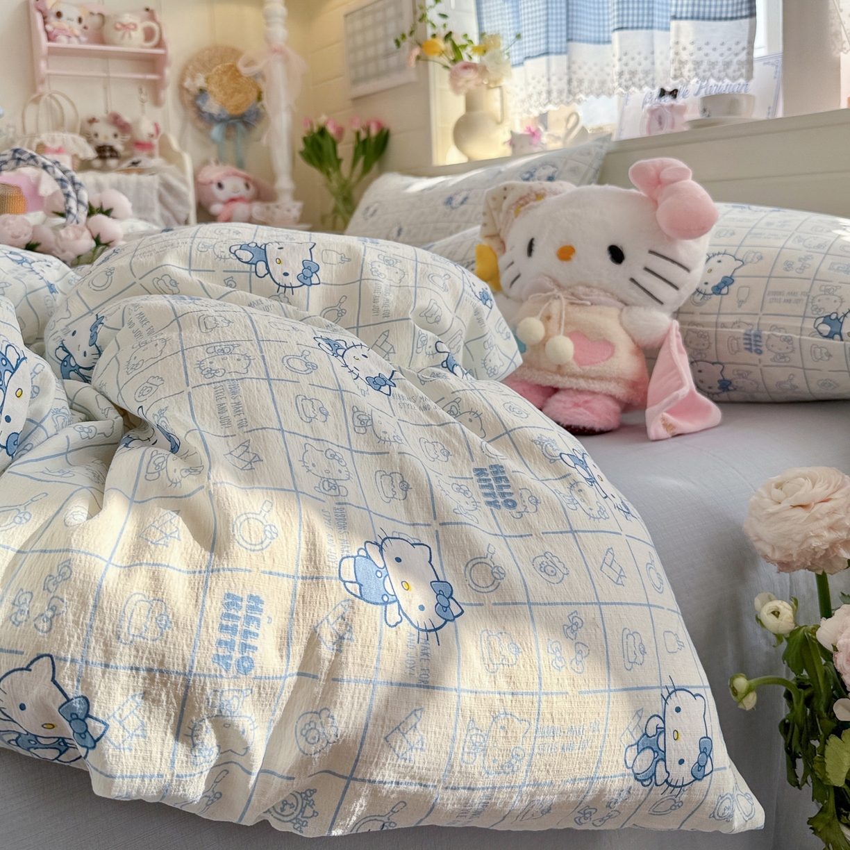 91家纺网 家纺一手货源 找家纺 初念 2026新款云感纱印花四件套 幸运符号蓝