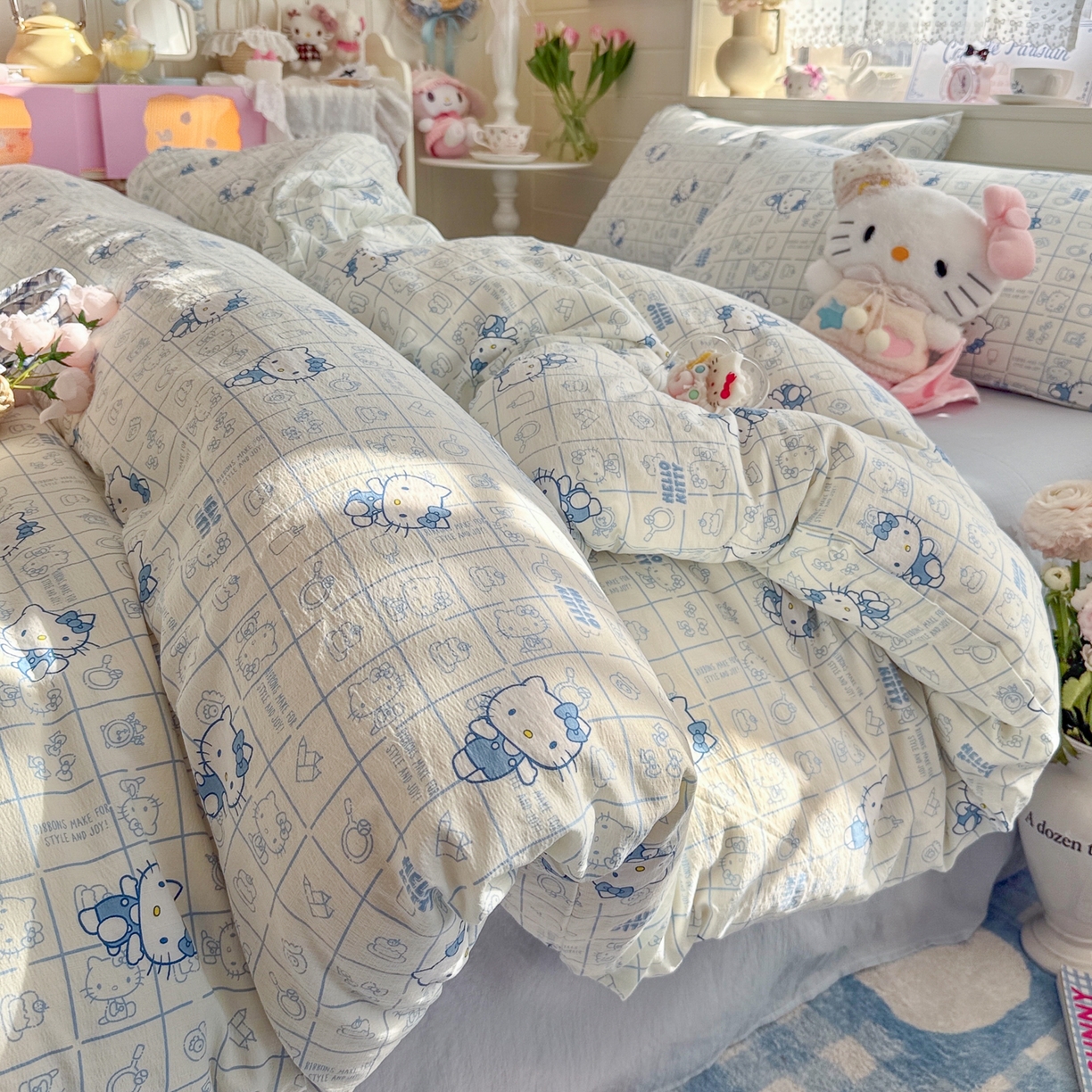 91家纺网 家纺一手货源 找家纺 初念 2026新款云感纱印花四件套 幸运符号蓝