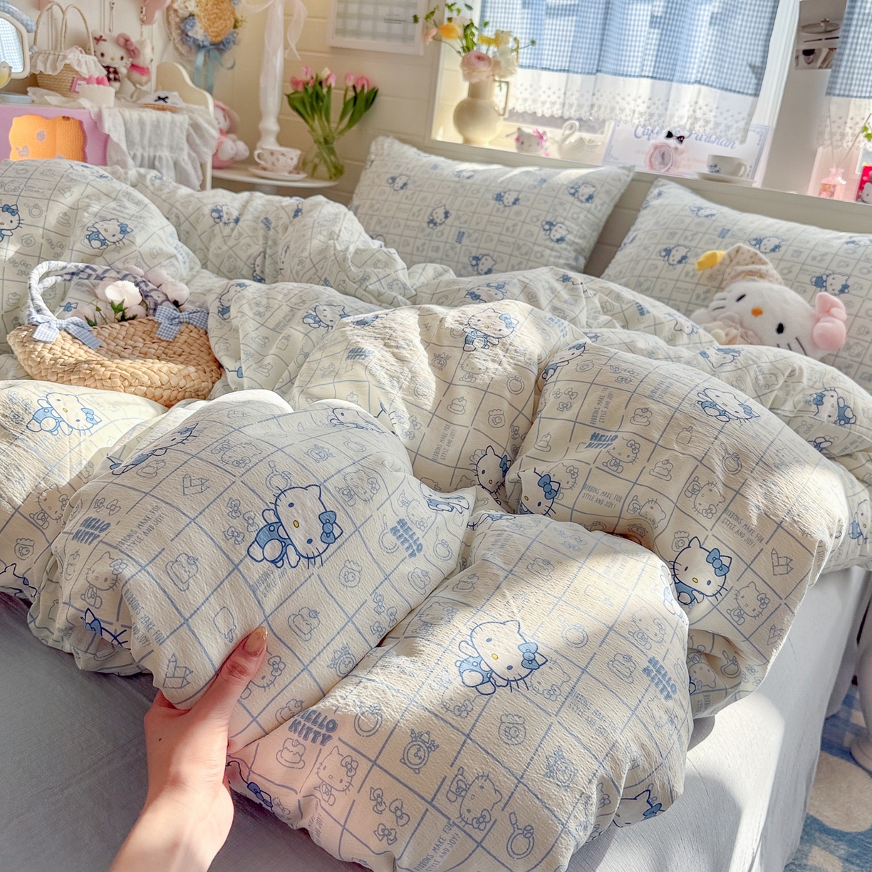 91家纺网 家纺一手货源 找家纺 初念 2026新款云感纱印花四件套 幸运符号蓝