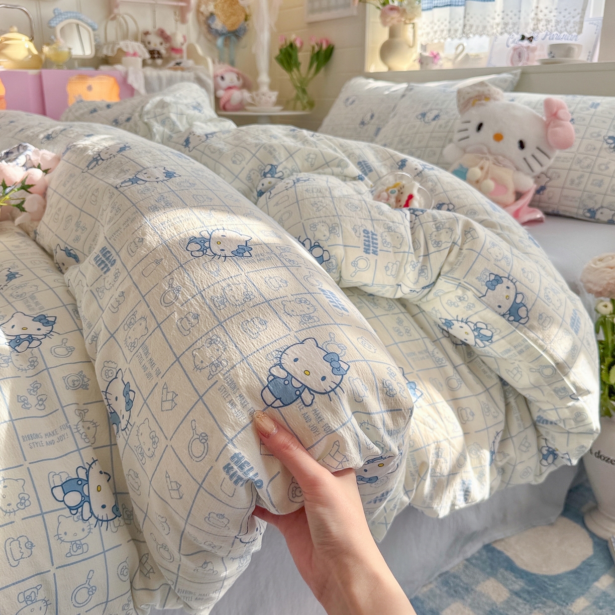 91家纺网 家纺一手货源 找家纺 初念 2026新款云感纱印花四件套 幸运符号蓝