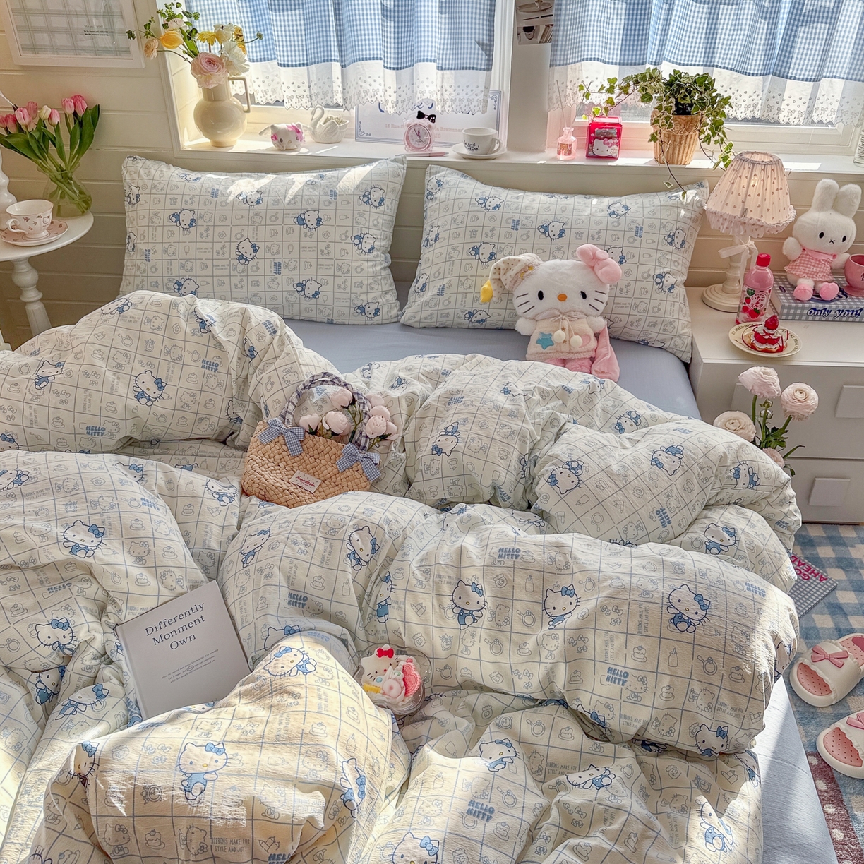 91家纺网 家纺一手货源 找家纺 初念 2026新款云感纱印花四件套 幸运符号蓝