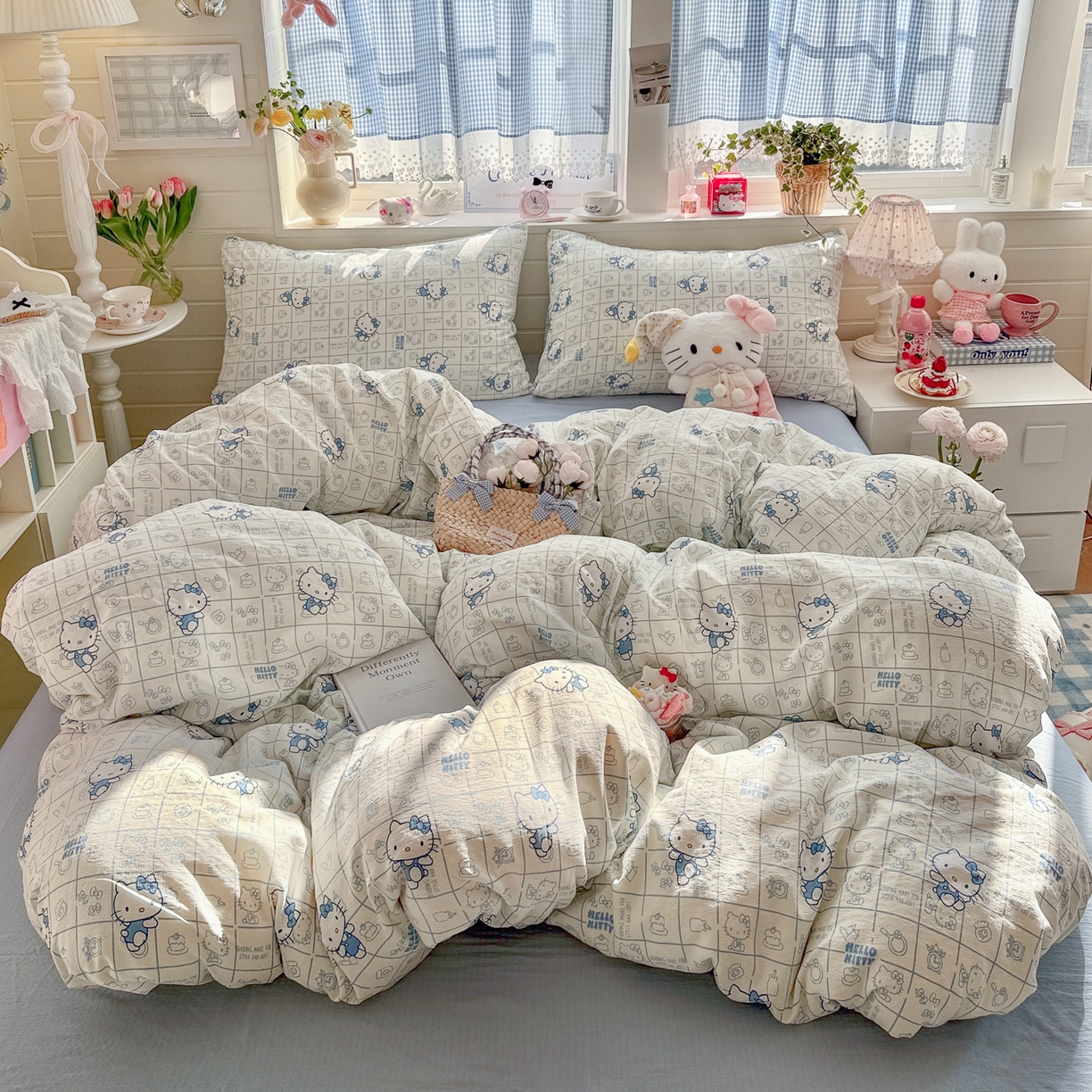 91家纺网 家纺一手货源 找家纺 初念 2026新款云感纱印花四件套 幸运符号蓝