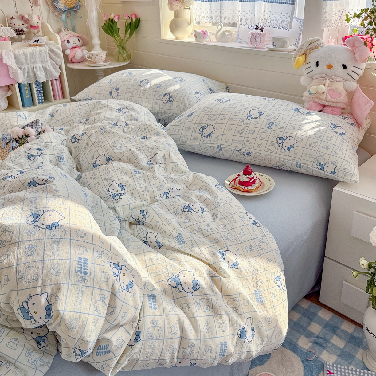 91家纺网 家纺一手货源 找家纺 初念 2026新款云感纱印花四件套 幸运符号蓝