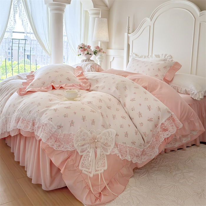 91家纺网 家纺一手货源 找家纺 （总）花香四季家纺 2026新款法式全棉纯棉印花床裙款四件套-法式甜心