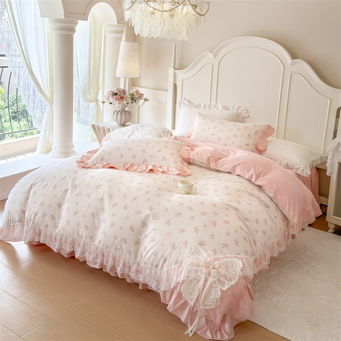 91家纺网 家纺一手货源 找家纺 （总）花香四季家纺 2026新款法式全棉纯棉印花床裙款四件套-法式甜心