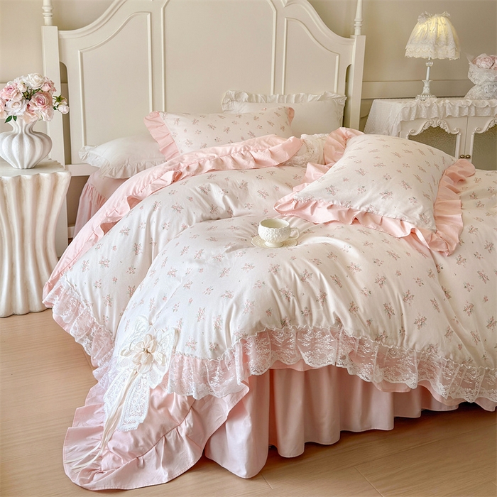 91家纺网 家纺一手货源 找家纺 花香四季家纺 2026新款法式全棉纯棉印花床裙款四件套-法式甜心 法式甜心-粉