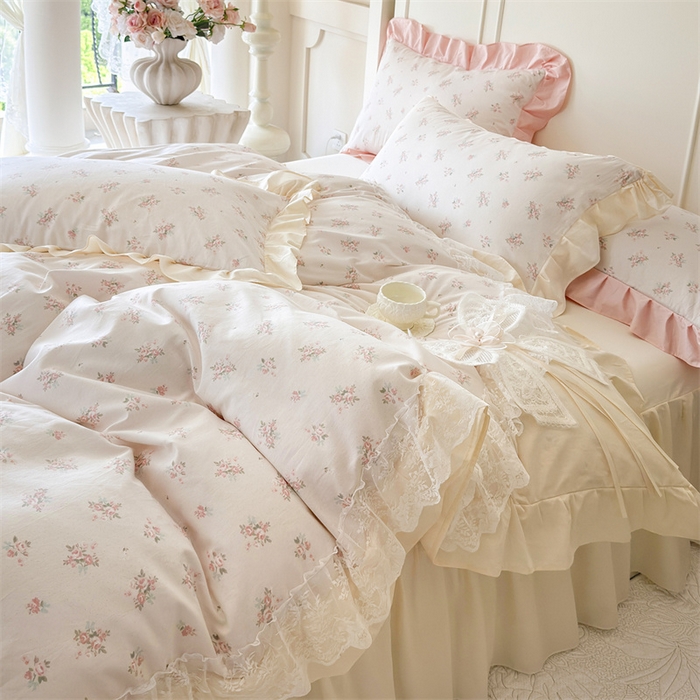 91家纺网 家纺一手货源 找家纺 花香四季家纺 2026新款法式全棉纯棉印花床裙款四件套-法式甜心 法式甜心-米白