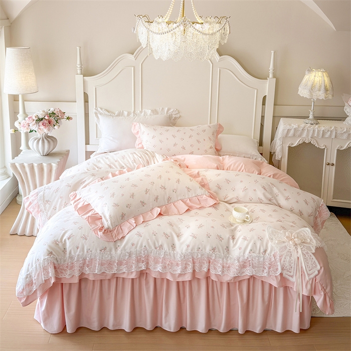 91家纺网 家纺一手货源 找家纺 花香四季家纺 2026新款法式全棉纯棉印花床裙款四件套-法式甜心 法式甜心-粉