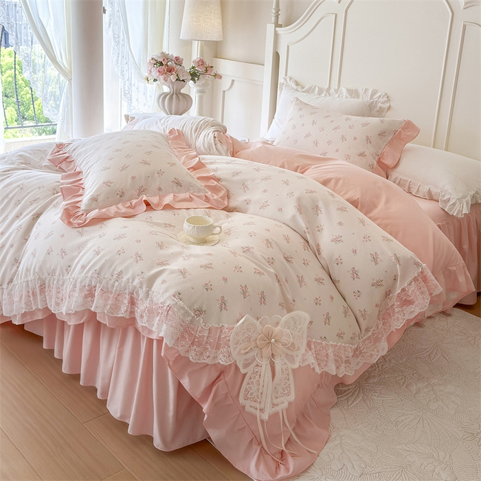 91家纺网 家纺一手货源 找家纺 花香四季家纺 2026新款法式全棉纯棉印花床裙款四件套-法式甜心 法式甜心-粉