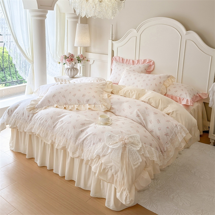 花香四季家纺 2026新款法式全棉纯棉印花床裙款四件套-法式甜心 法式甜心-米白