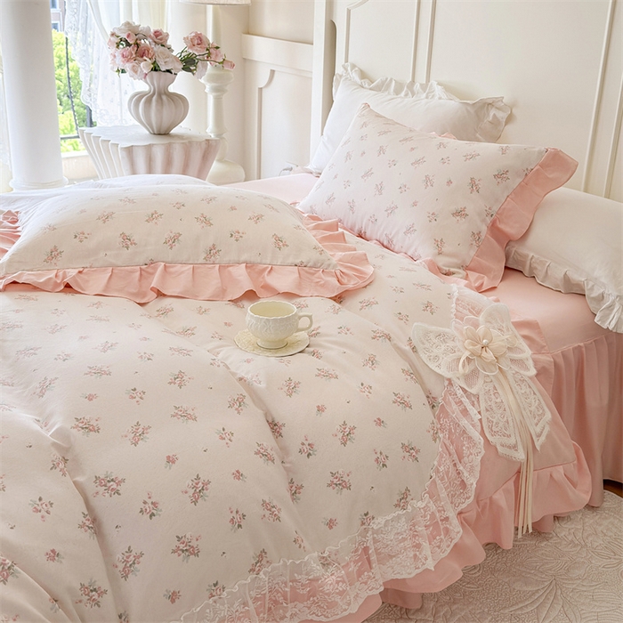 91家纺网 家纺一手货源 找家纺 花香四季家纺 2026新款法式全棉纯棉印花床裙款四件套-法式甜心 法式甜心-粉