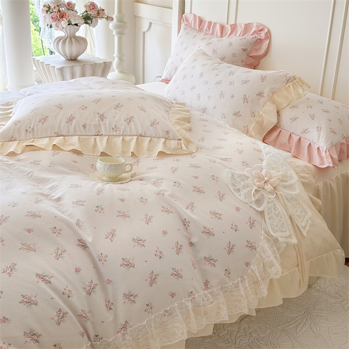 91家纺网 家纺一手货源 找家纺 花香四季家纺 2026新款法式全棉纯棉印花床裙款四件套-法式甜心 法式甜心-米白