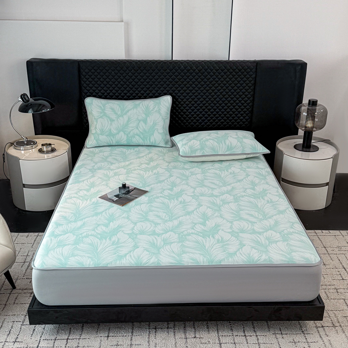 91家纺网 家纺一手货源 找家纺 赛丽雅 2026新款A类450克PE提花复合三明治床笠款凉感面料凉席防滑全包床罩 羽纹-绿