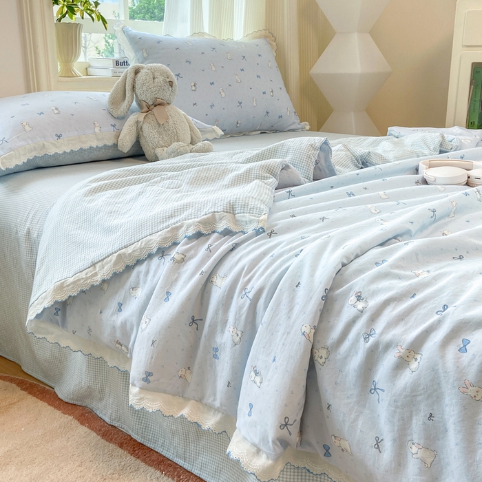 漫仙阁家纺 2026新款云感泡芙棉夏被四件套 蓝色小兔