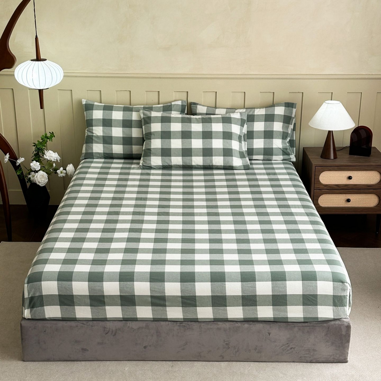 91家纺网 家纺一手货源 找家纺 蓝梦 2026新款全棉纯棉色织水洗棉简约四件套-大格 桃粉