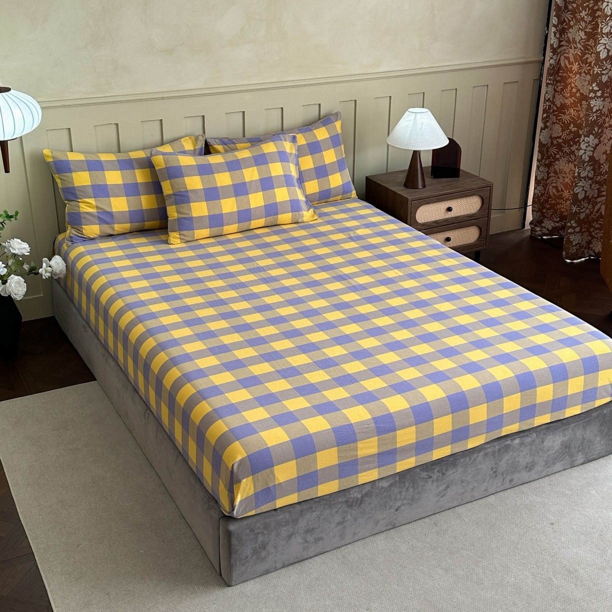 91家纺网 家纺一手货源 找家纺 蓝梦 2026新款全棉无印老粗布床笠三件套 鹅黄