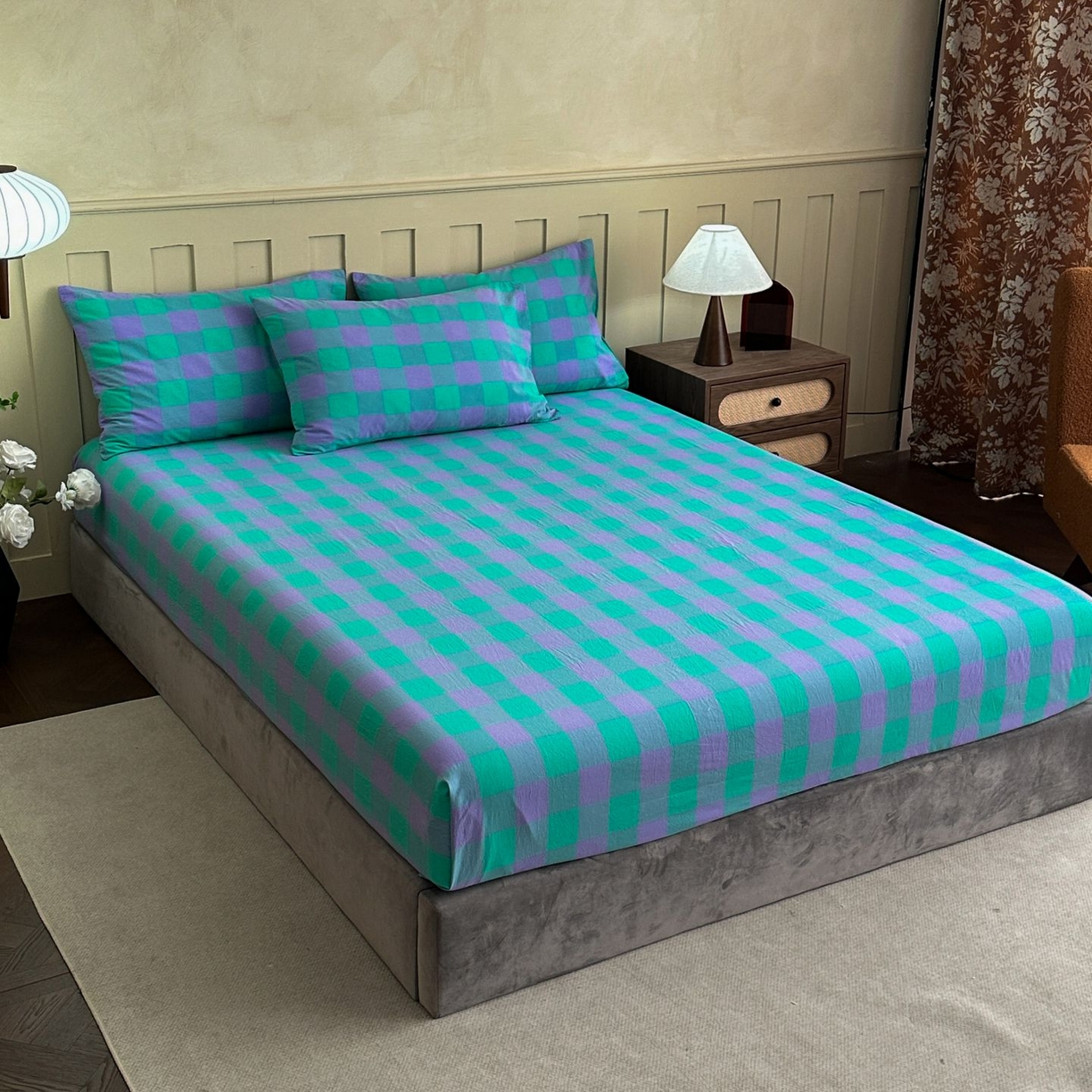 91家纺网 家纺一手货源 找家纺 蓝梦 2026新款全棉无印老粗布床笠三件套 优雅兰