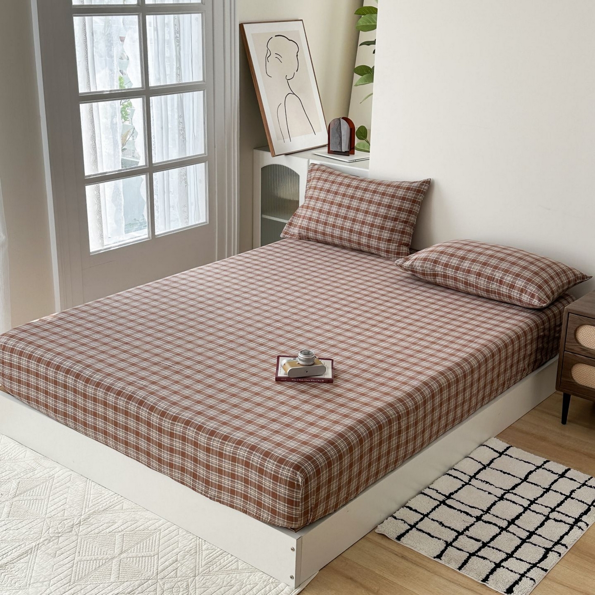 91家纺网 家纺一手货源 找家纺 蓝梦 2026新款全棉无印老粗布床笠三件套 繁花-咖