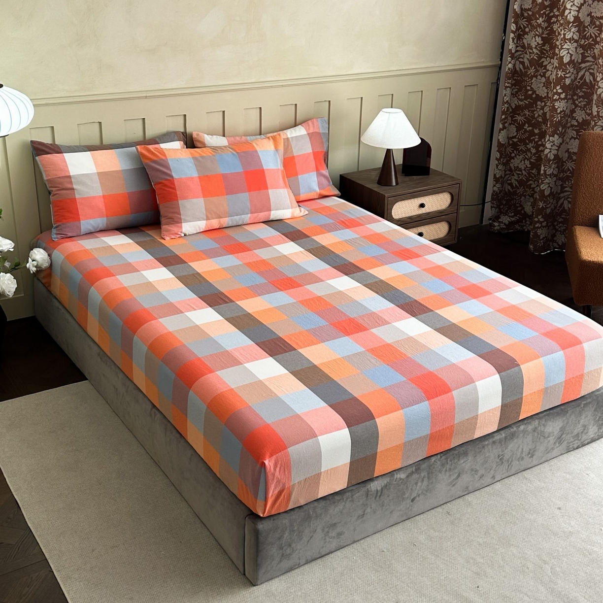 91家纺网 家纺一手货源 找家纺 蓝梦 2026新款全棉无印老粗布床笠三件套 蓝粉格