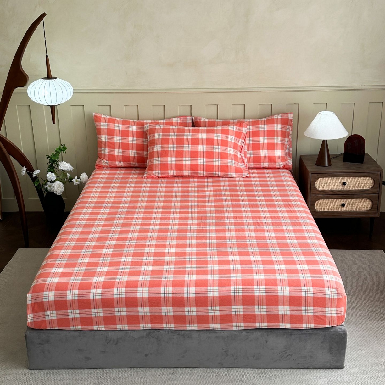 蓝梦 2026新款全棉无印老粗布床笠三件套 桃粉