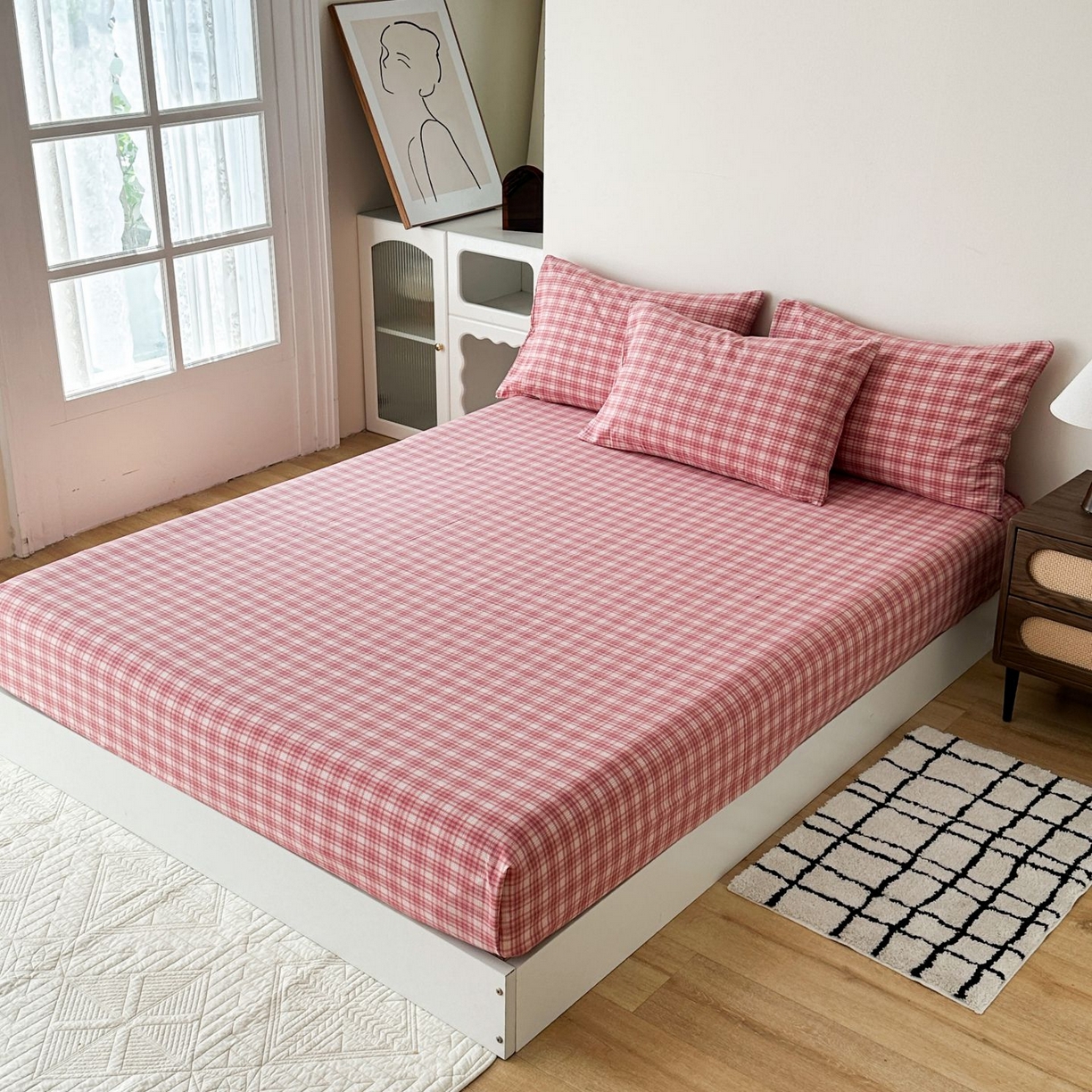 91家纺网 家纺一手货源 找家纺 蓝梦 2026新款全棉无印老粗布床笠三件套 繁花-粉