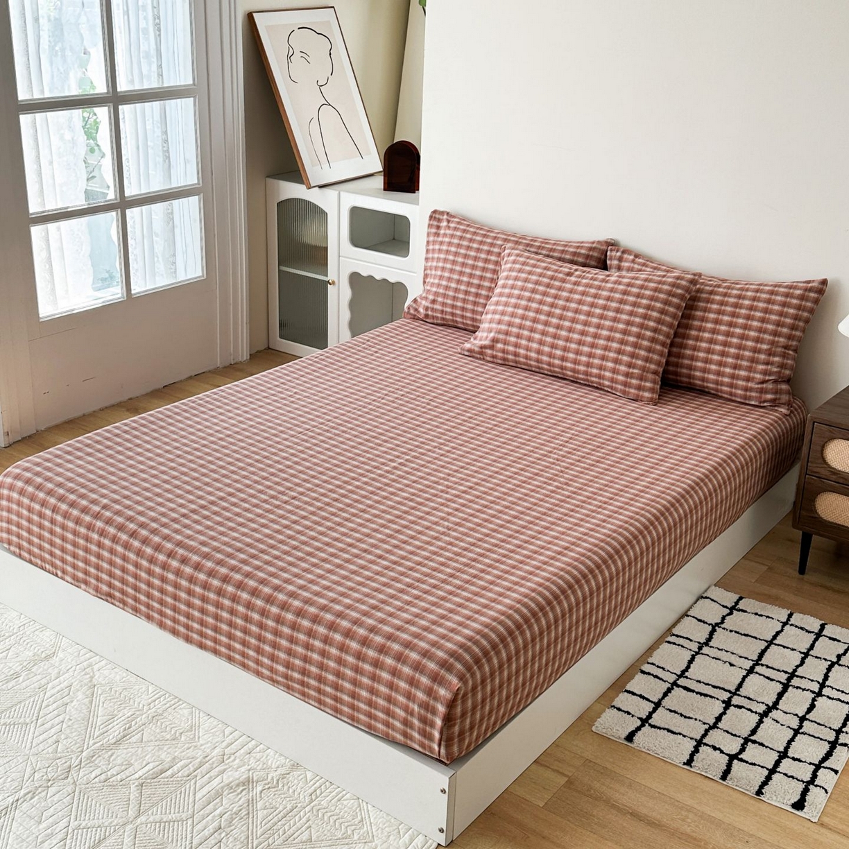 91家纺网 家纺一手货源 找家纺 蓝梦 2026新款全棉无印老粗布床笠三件套 繁花-浅驼色