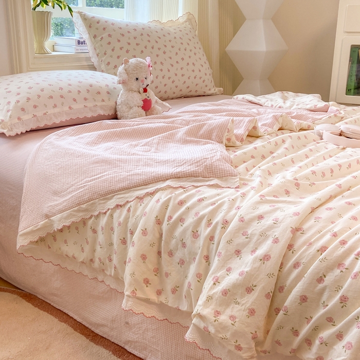 漫仙阁家纺 2026新款云感泡芙棉夏被四件套 小玫瑰