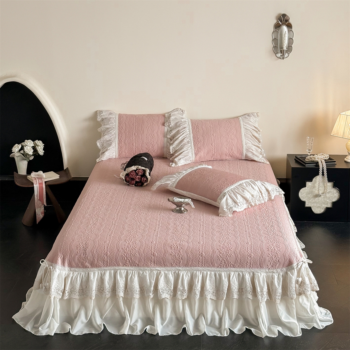 觅糖家纺 2026夏日新款复古法式冰豆豆立体提花床裙凉席系列 -一路生花 一路生花-粉