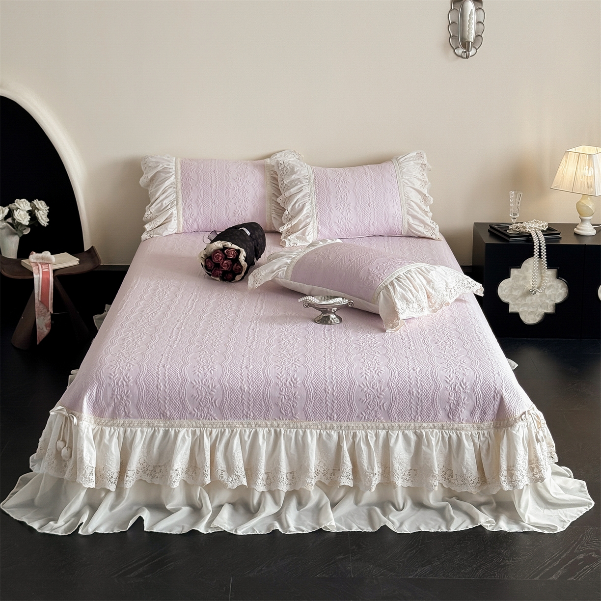 觅糖家纺 2026夏日新款复古法式冰豆豆立体提花床裙凉席系列 -一路生花 一路生花-紫