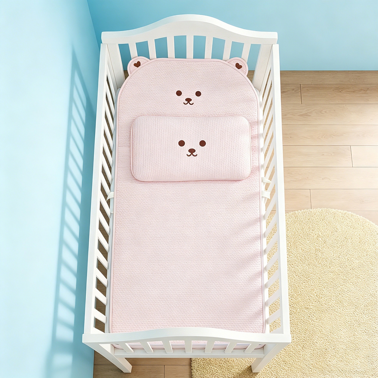 川悦生活 2026新款A类凉豆豆绣花冰丝儿童凉席 萌熊粉