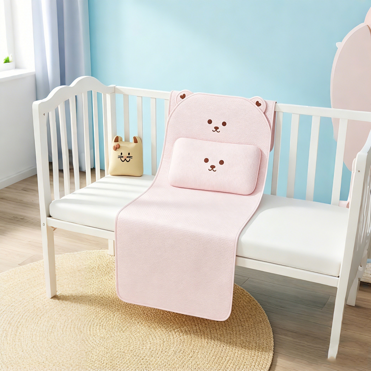 91家纺网 家纺一手货源 找家纺 川悦生活 2026新款A类凉豆豆绣花冰丝儿童凉席 萌熊粉