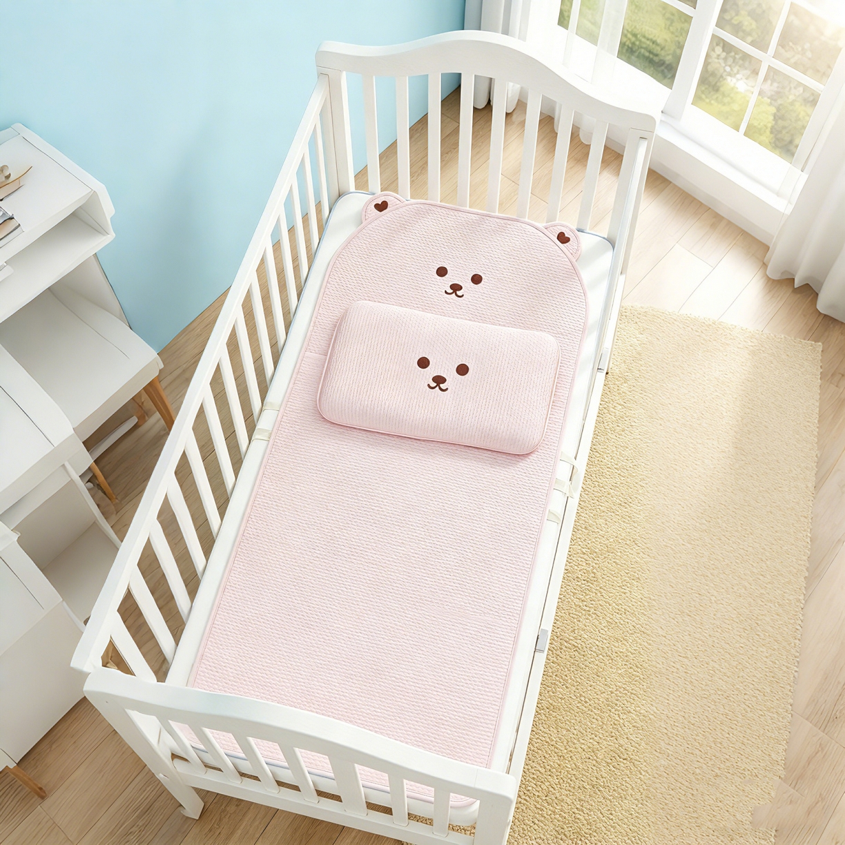 91家纺网 家纺一手货源 找家纺 川悦生活 2026新款A类凉豆豆绣花冰丝儿童凉席 萌熊粉