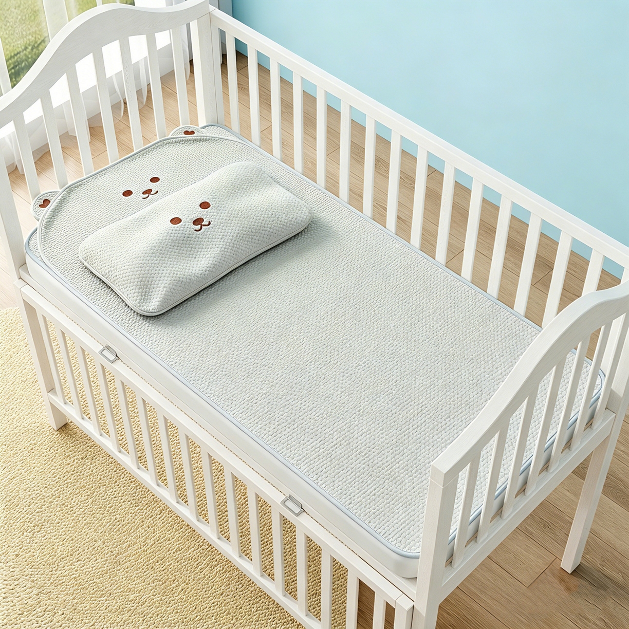 91家纺网 家纺一手货源 找家纺 川悦生活 2026新款A类凉豆豆绣花冰丝儿童凉席 萌熊绿