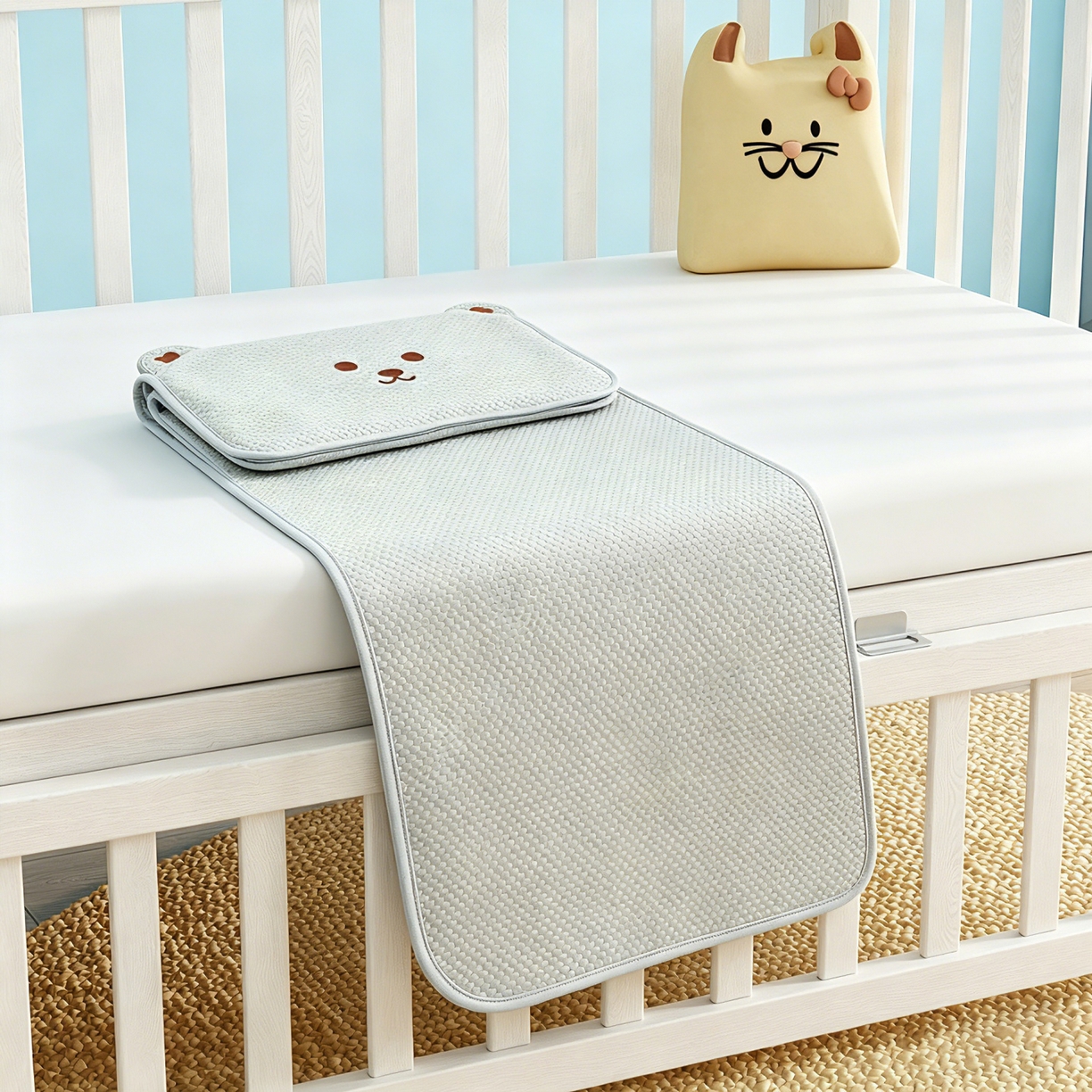 91家纺网 家纺一手货源 找家纺 川悦生活 2026新款A类凉豆豆绣花冰丝儿童凉席 萌熊绿