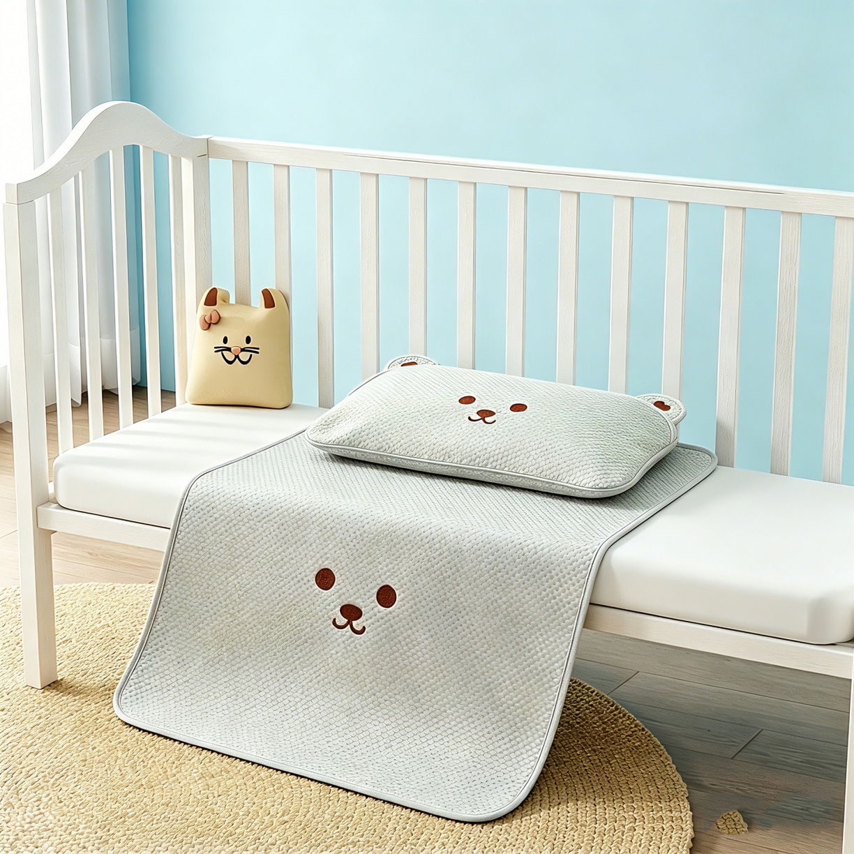 91家纺网 家纺一手货源 找家纺 川悦生活 2026新款A类凉豆豆绣花冰丝儿童凉席 萌熊绿